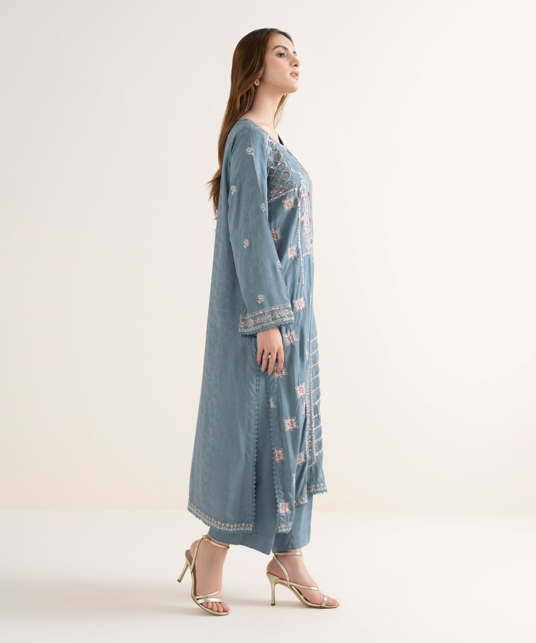 Women's RTW Textured Viscose Embroidered A-Line Blue Shirt