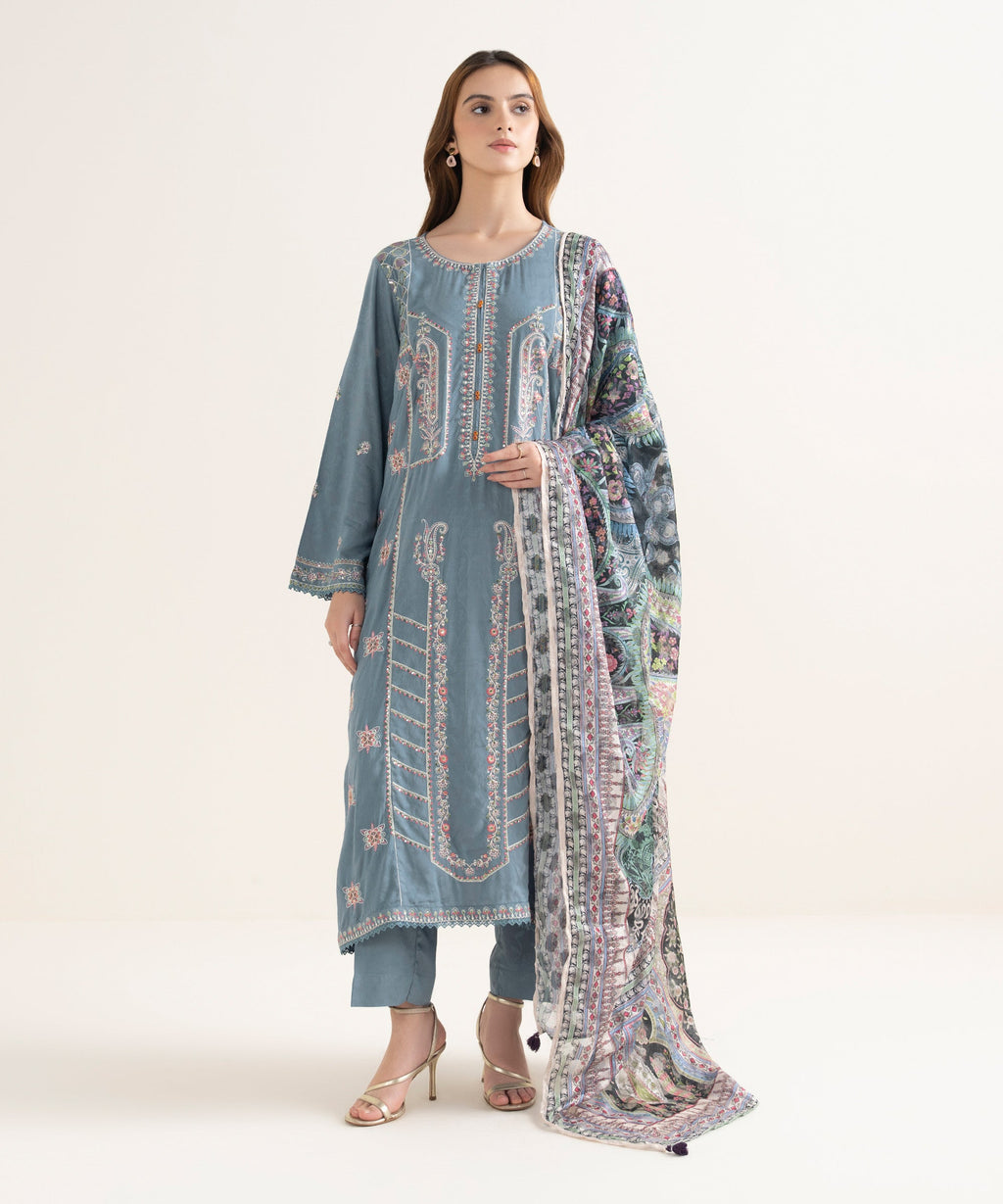 Women's RTW Textured Viscose Embroidered A-Line Blue Shirt