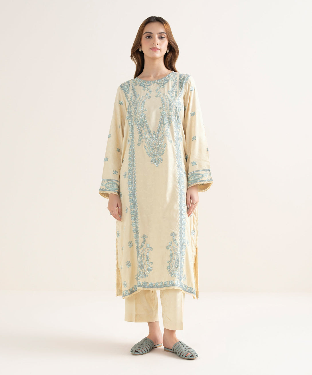 Women's RTW Textured Viscose Embroidered A-Line Off White Shirt