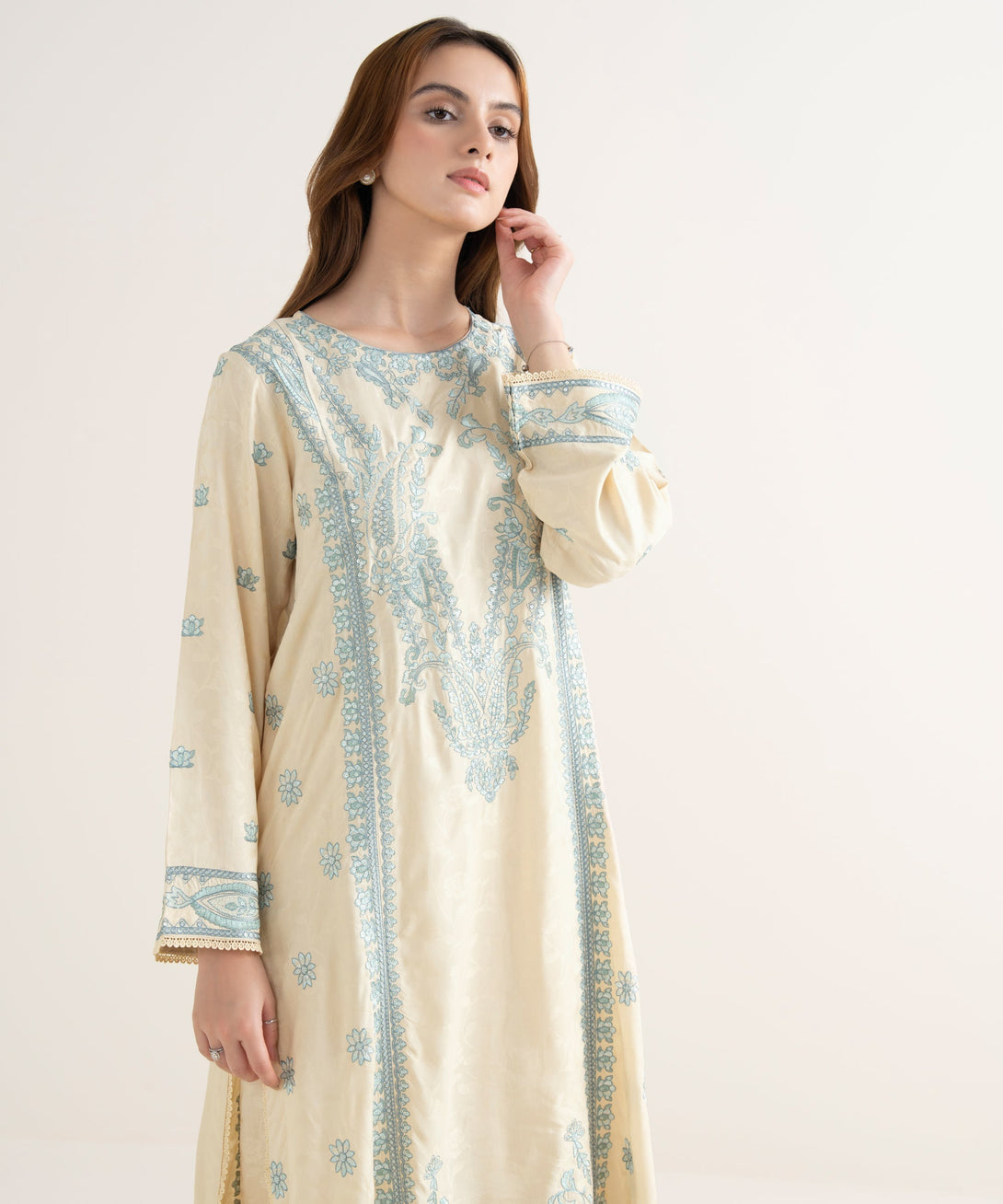 Women's RTW Textured Viscose Embroidered A-Line Off White Shirt