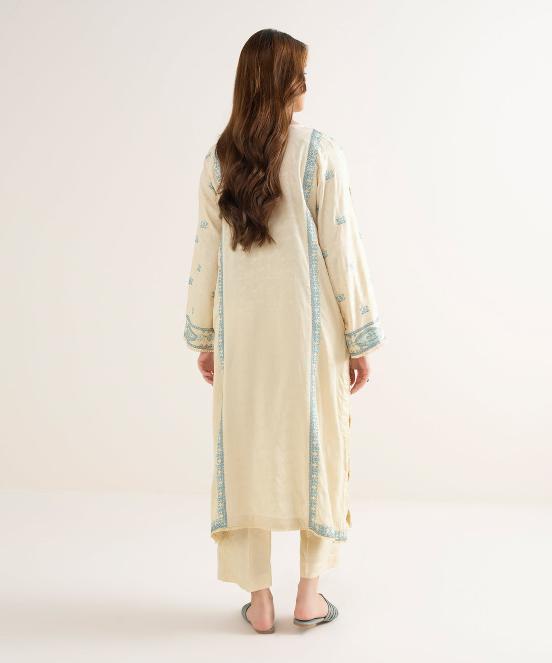 Women's RTW Textured Viscose Embroidered A-Line Off White Shirt