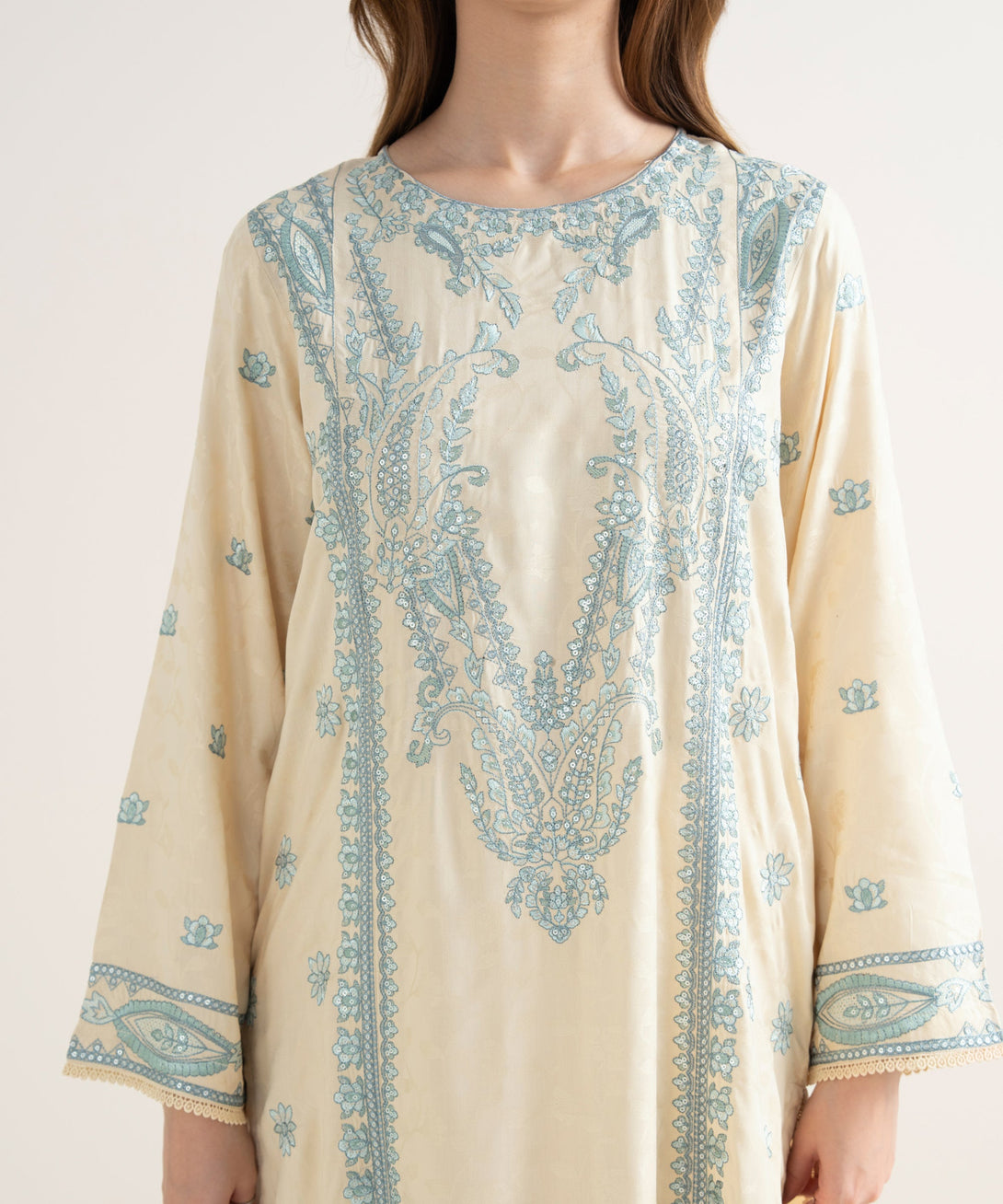 Women's RTW Textured Viscose Embroidered A-Line Off White Shirt