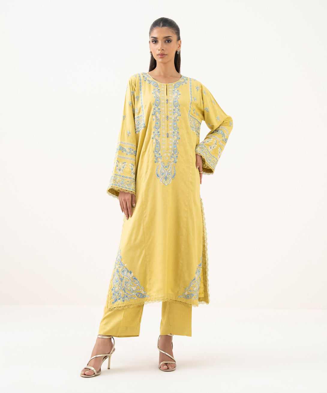 Women's RTW Textured Viscose Embroidered A-Line Yellow Shirt