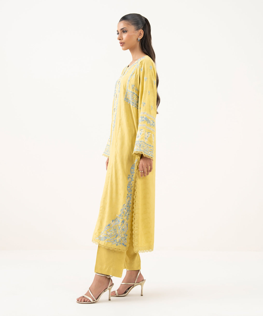 Women's RTW Textured Viscose Embroidered A-Line Yellow Shirt