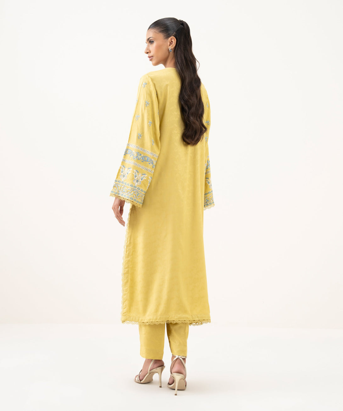 Women's RTW Textured Viscose Embroidered A-Line Yellow Shirt