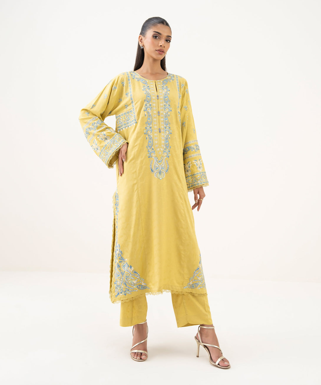 Women's RTW Textured Viscose Embroidered A-Line Yellow Shirt