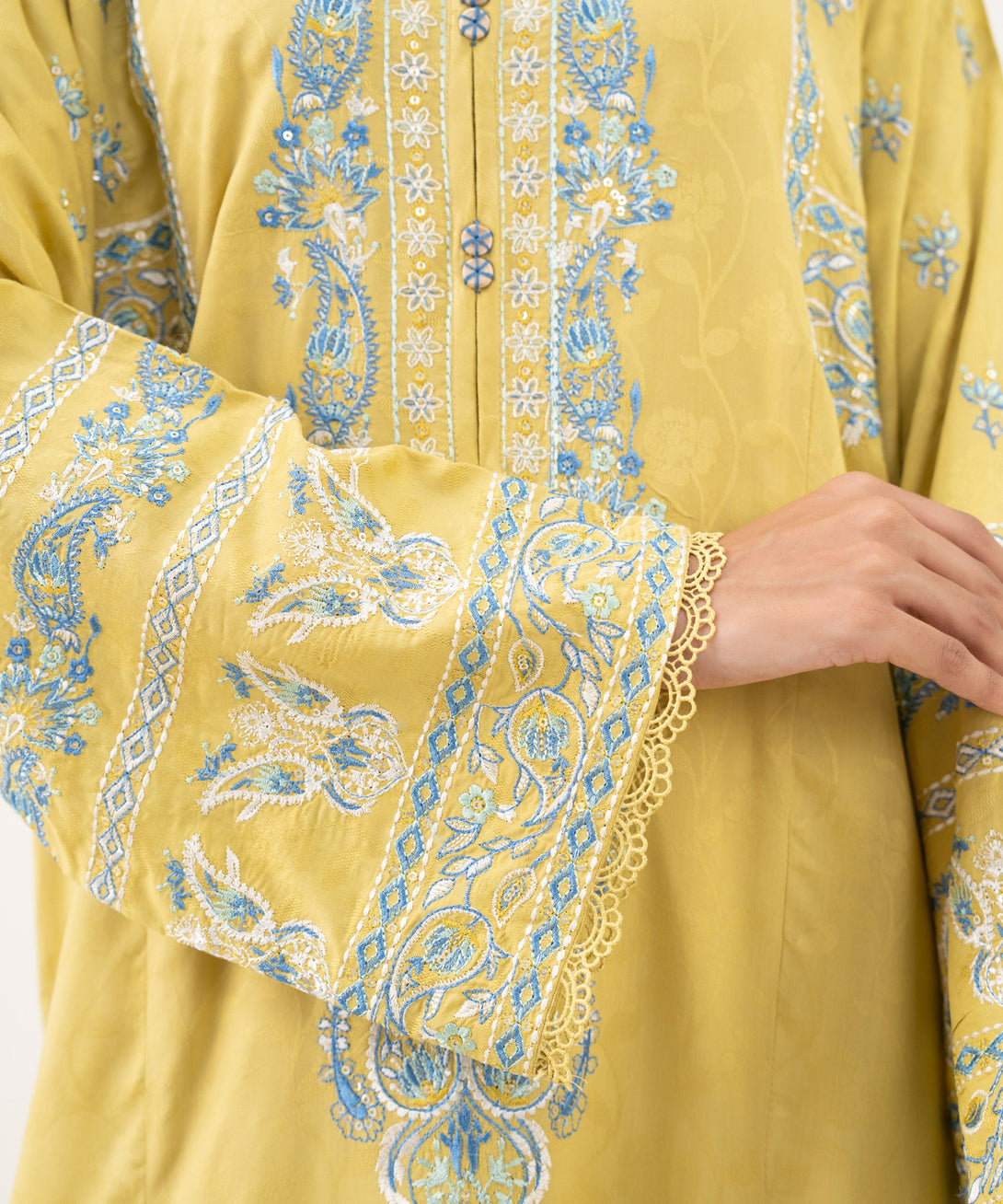 Women's RTW Textured Viscose Embroidered A-Line Yellow Shirt