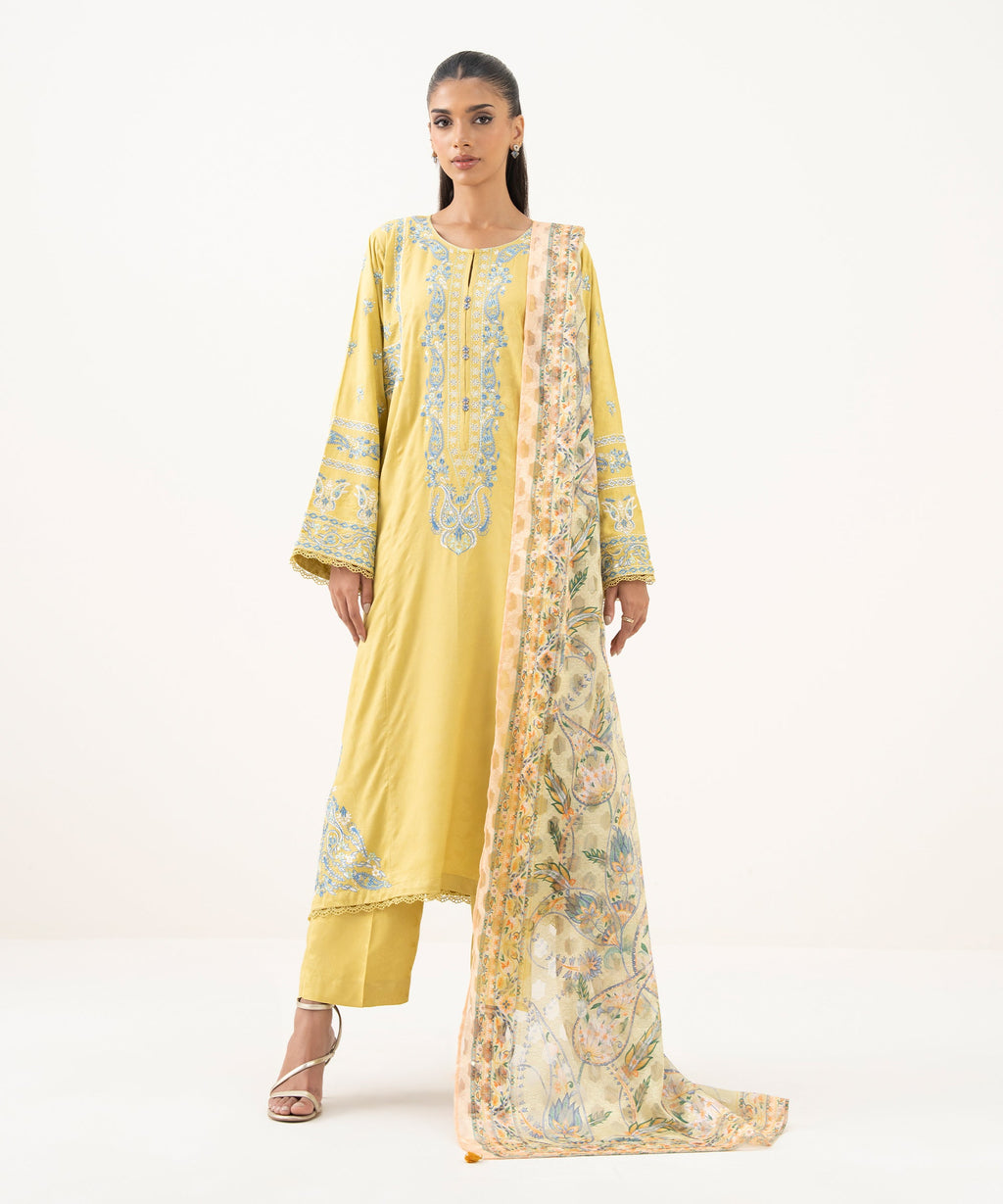 Women's RTW Textured Viscose Embroidered A-Line Yellow Shirt