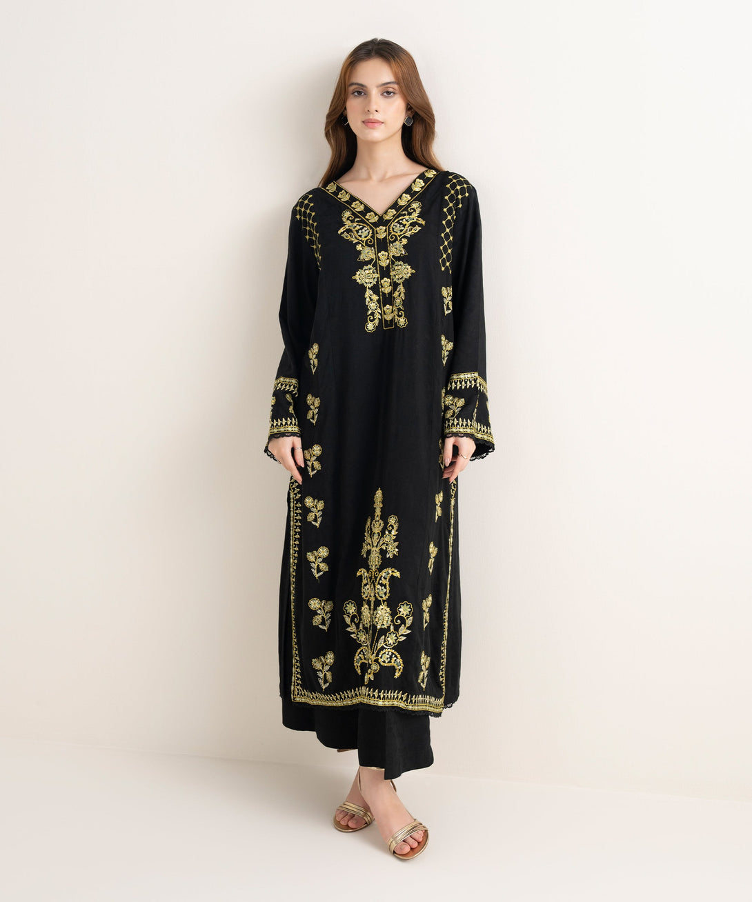 Women's RTW Textured Viscose Embroidered Straight Black Shirt