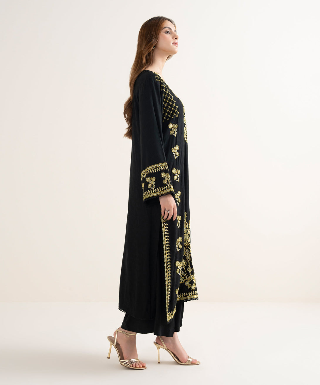 Women's RTW Textured Viscose Embroidered Straight Black Shirt