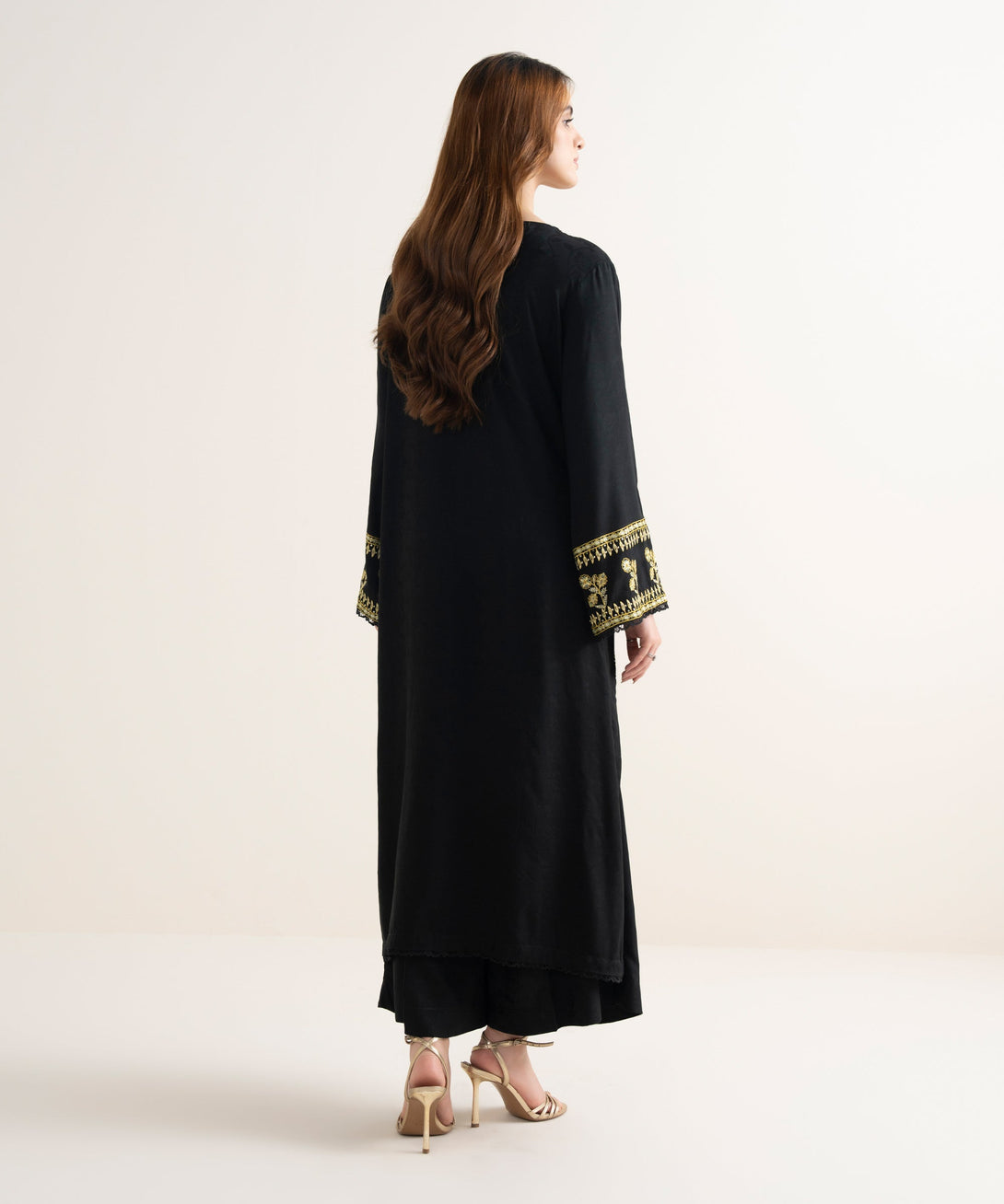 Women's RTW Textured Viscose Embroidered Straight Black Shirt