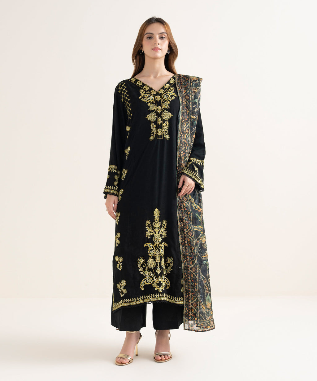 Women's RTW Textured Viscose Embroidered Straight Black Shirt