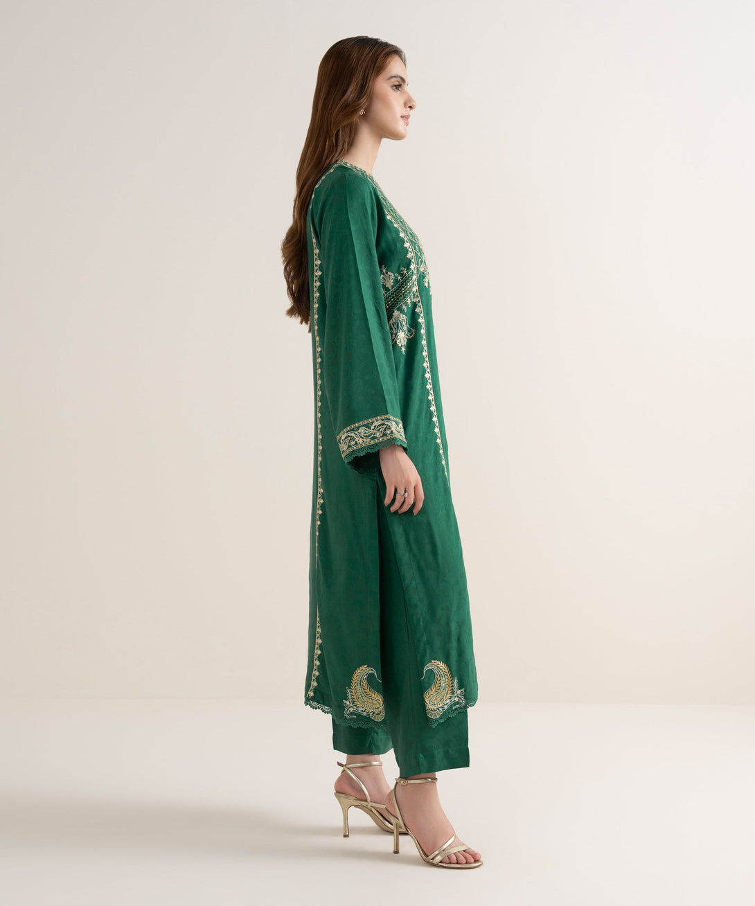 Women's RTW Textured Viscose Embroidered A-Line Green Shirt