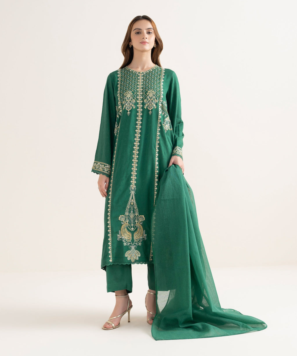 Women's RTW Textured Viscose Embroidered A-Line Green Shirt