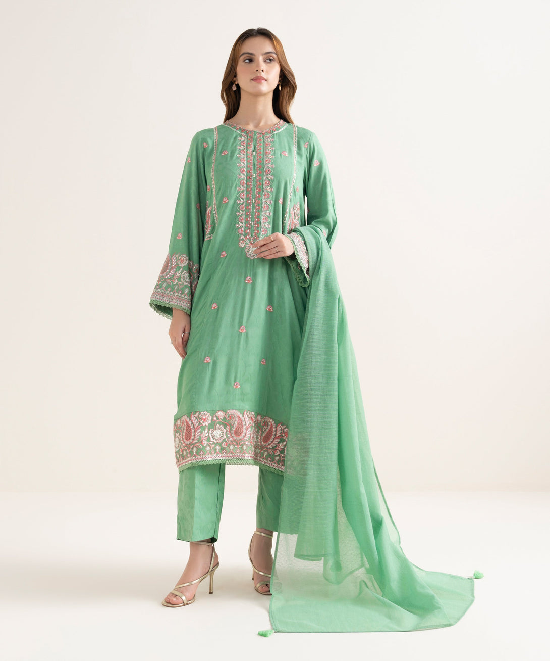 Women's RTW Textured Viscose Embroidered A-Line Green Shirt