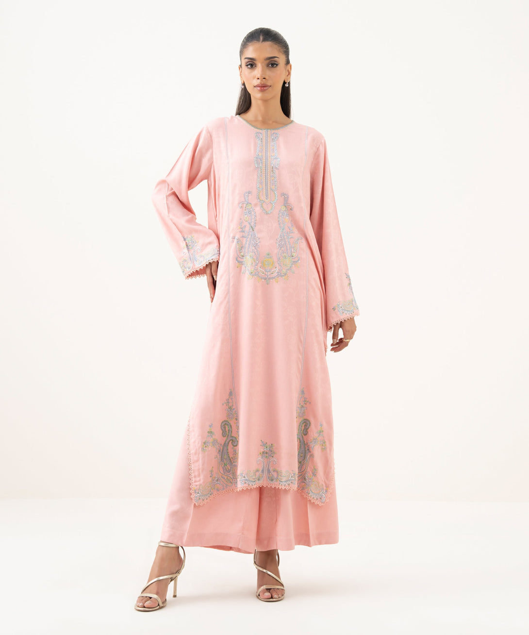 Women's RTW Textured Viscose Embroidered A-Line Pink Shirt