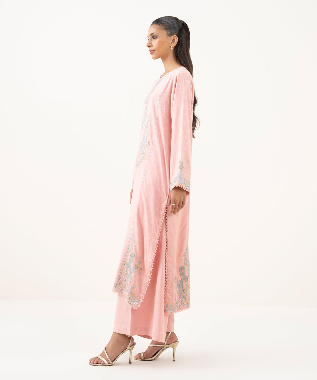 Women's RTW Textured Viscose Embroidered A-Line Pink Shirt