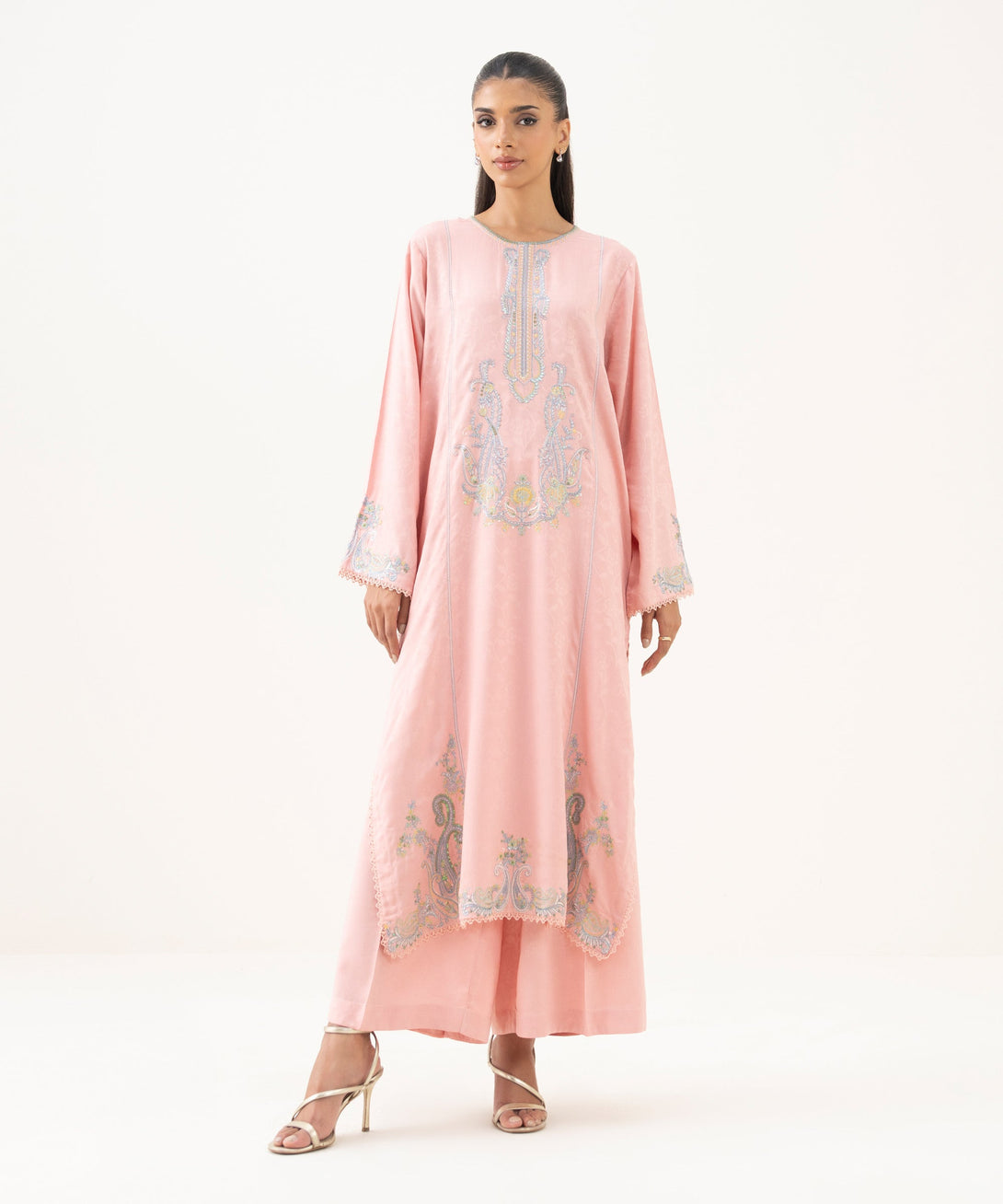 Women's RTW Textured Viscose Embroidered A-Line Pink Shirt