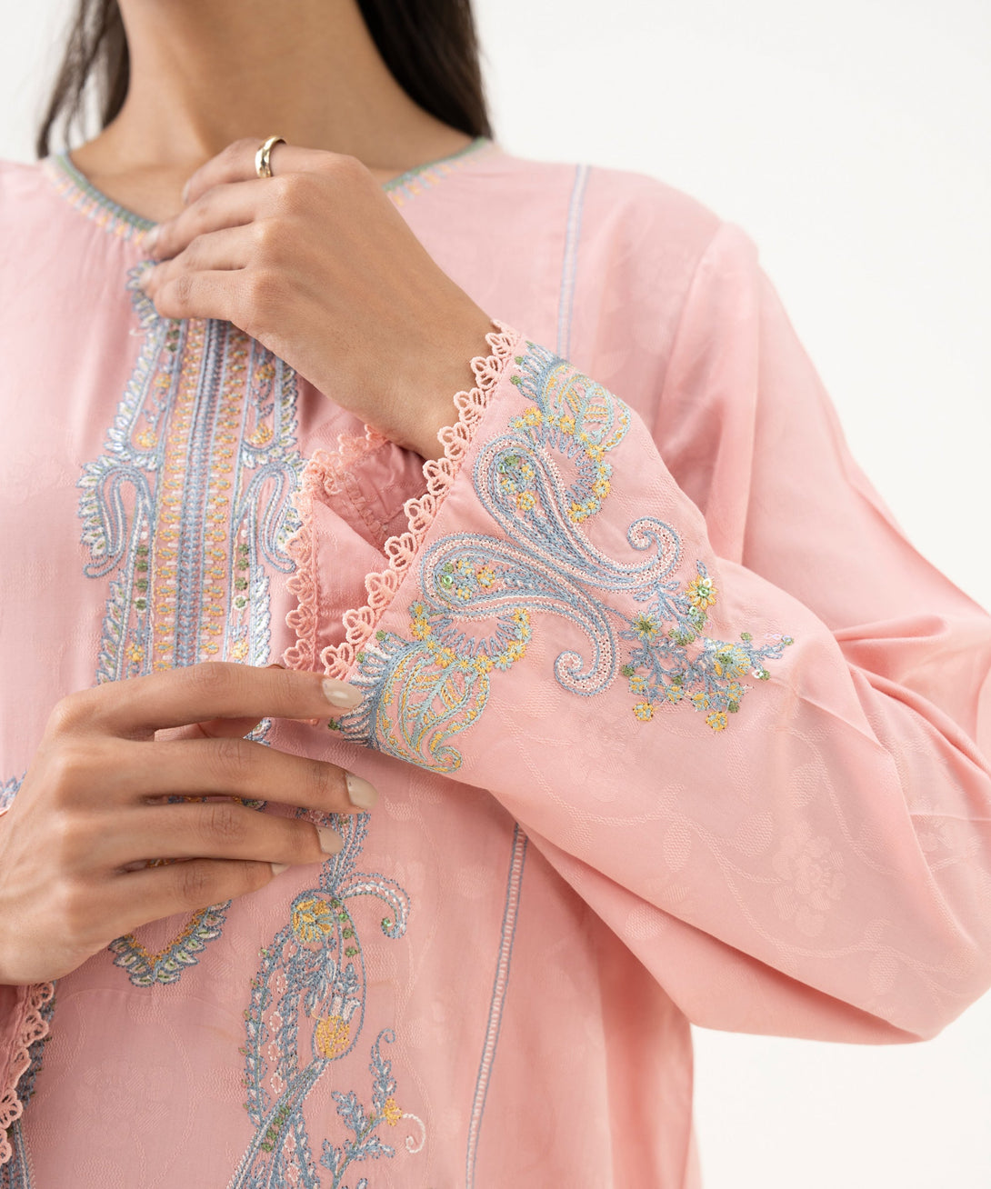 Women's RTW Textured Viscose Embroidered A-Line Pink Shirt