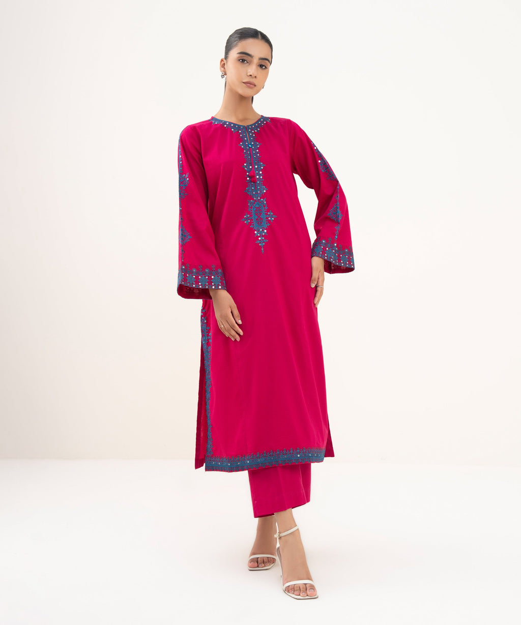 Women's RTW Textured Lawn Pink Embroidered A-Line Shirt