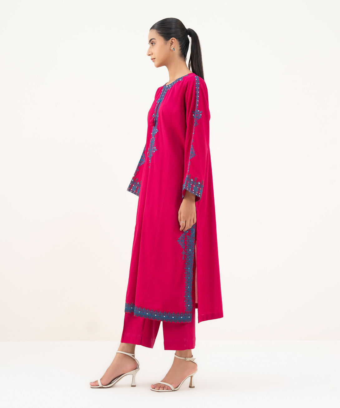 Women's RTW Textured Lawn Pink Embroidered A-Line Shirt