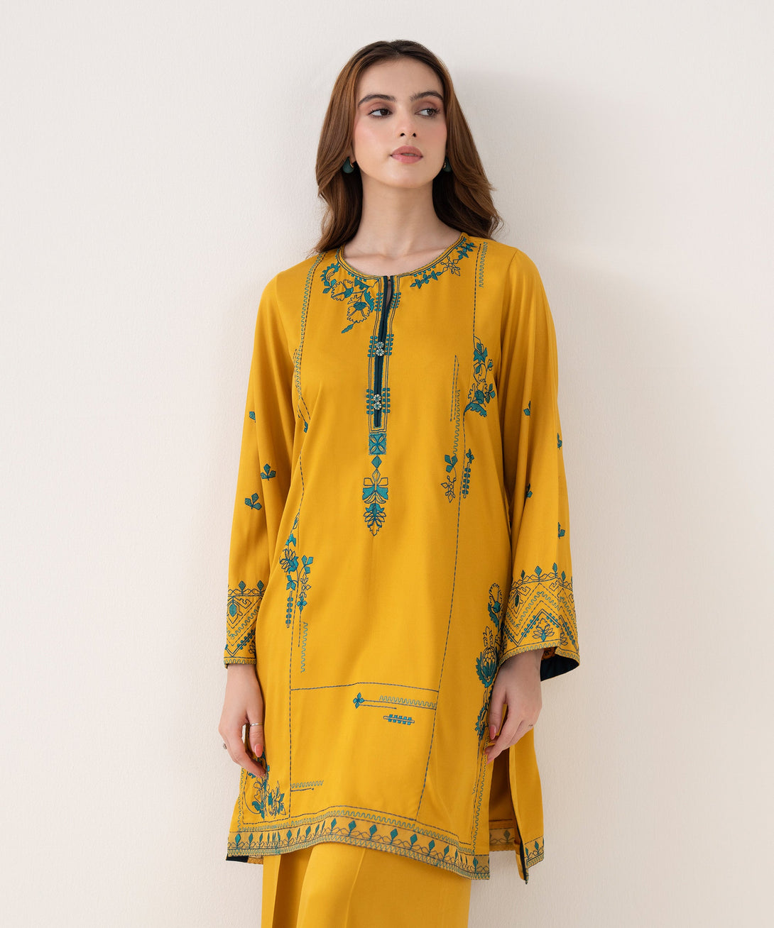Women's RTW Viscose Marina Embroidered Straight Yellow Shirt