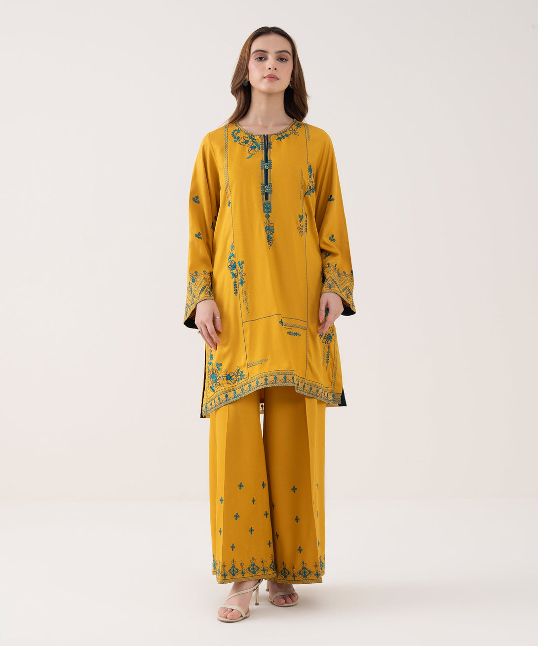 Women's RTW Viscose Marina Embroidered Straight Yellow Shirt