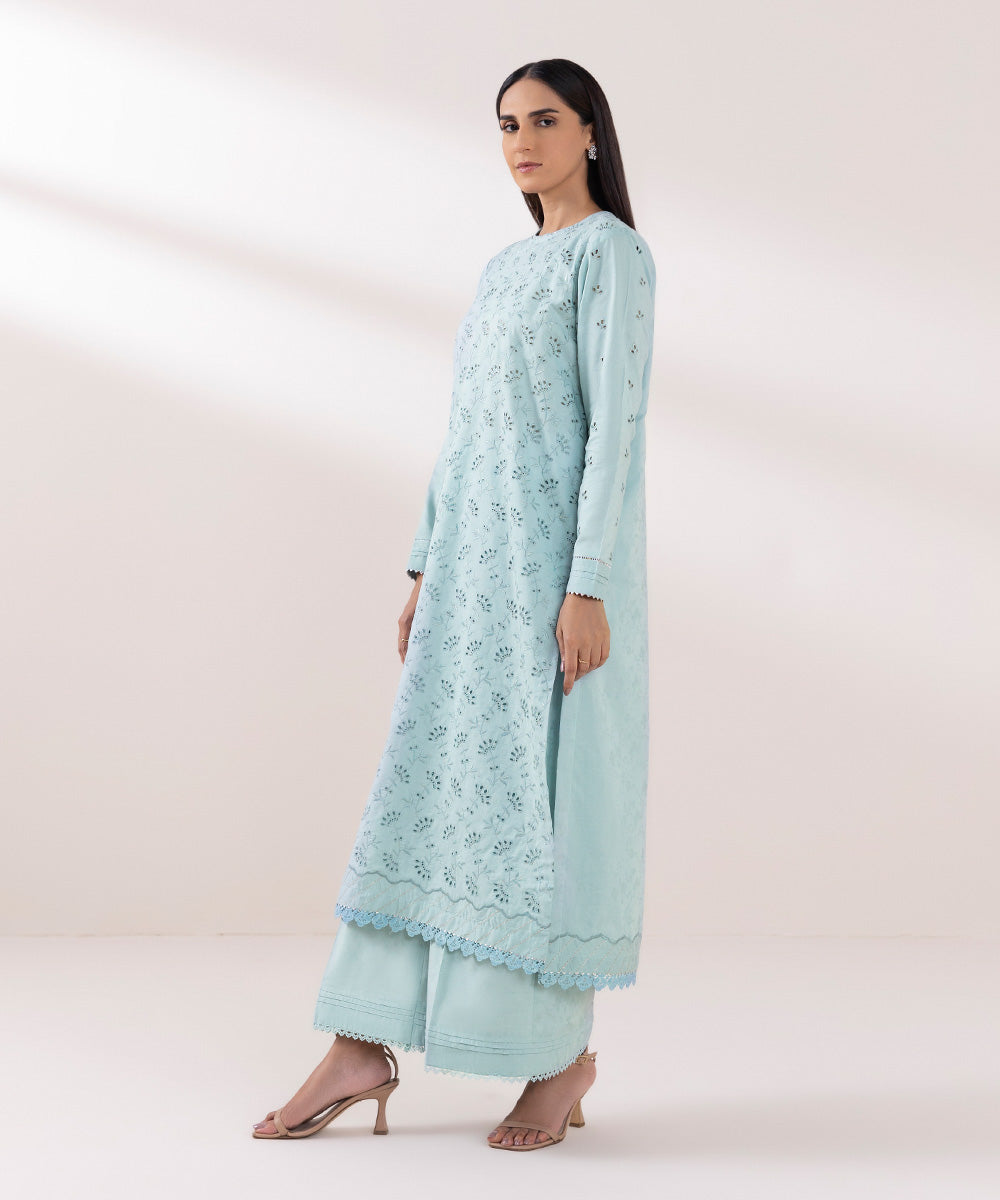 Women's Pret Cotton Jacquard Embroidered Pastel Blue Straight Shirt