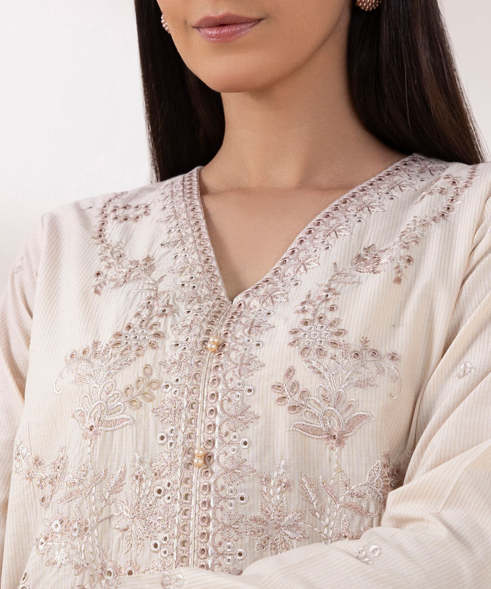 Women's Pret Zari Lawn Embroidered Beige A-Line Shirt