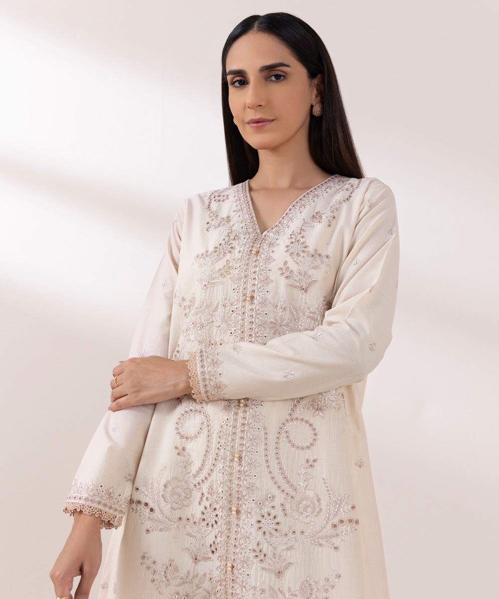 Women's Pret Zari Lawn Embroidered Beige A-Line Shirt