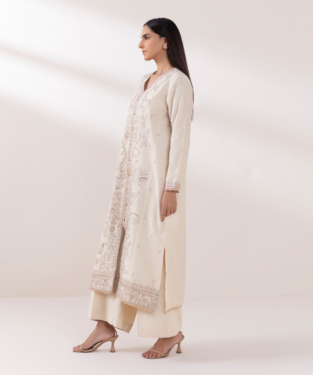 Women's Pret Zari Lawn Embroidered Beige A-Line Shirt