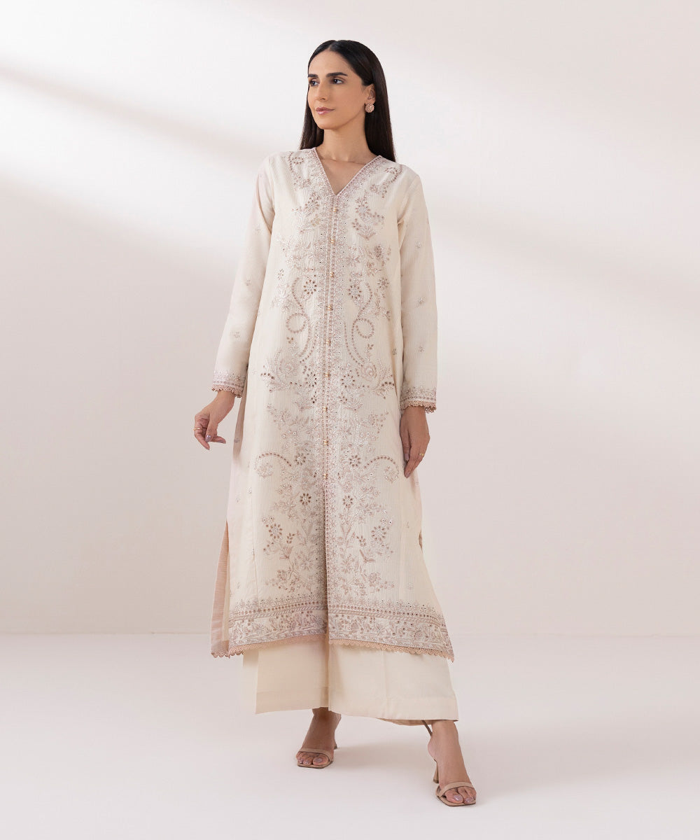 Women's Pret Zari Lawn Embroidered Beige A-Line Shirt