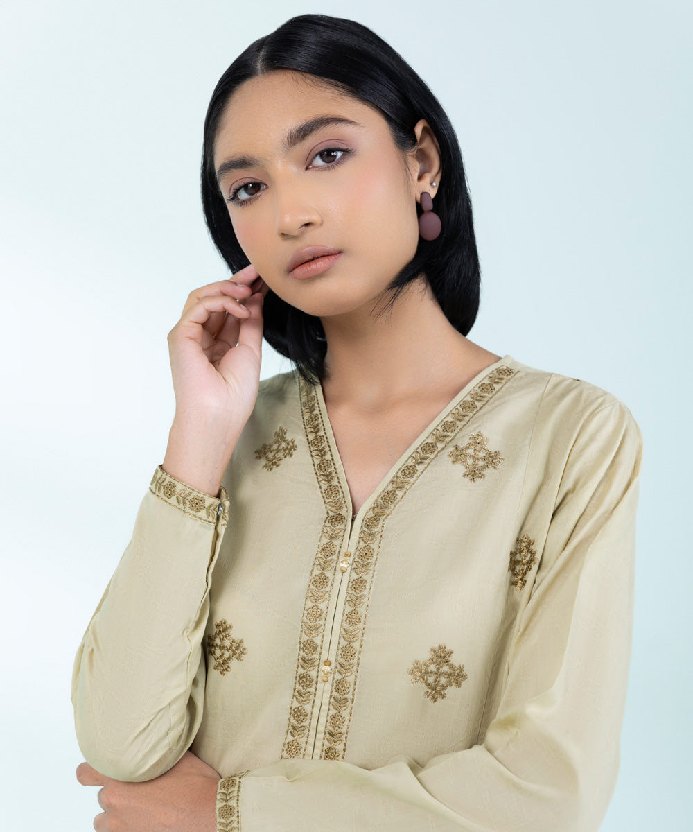 Women's Pret Cotton Jacquard Embroidered Beige A-Line Shirt