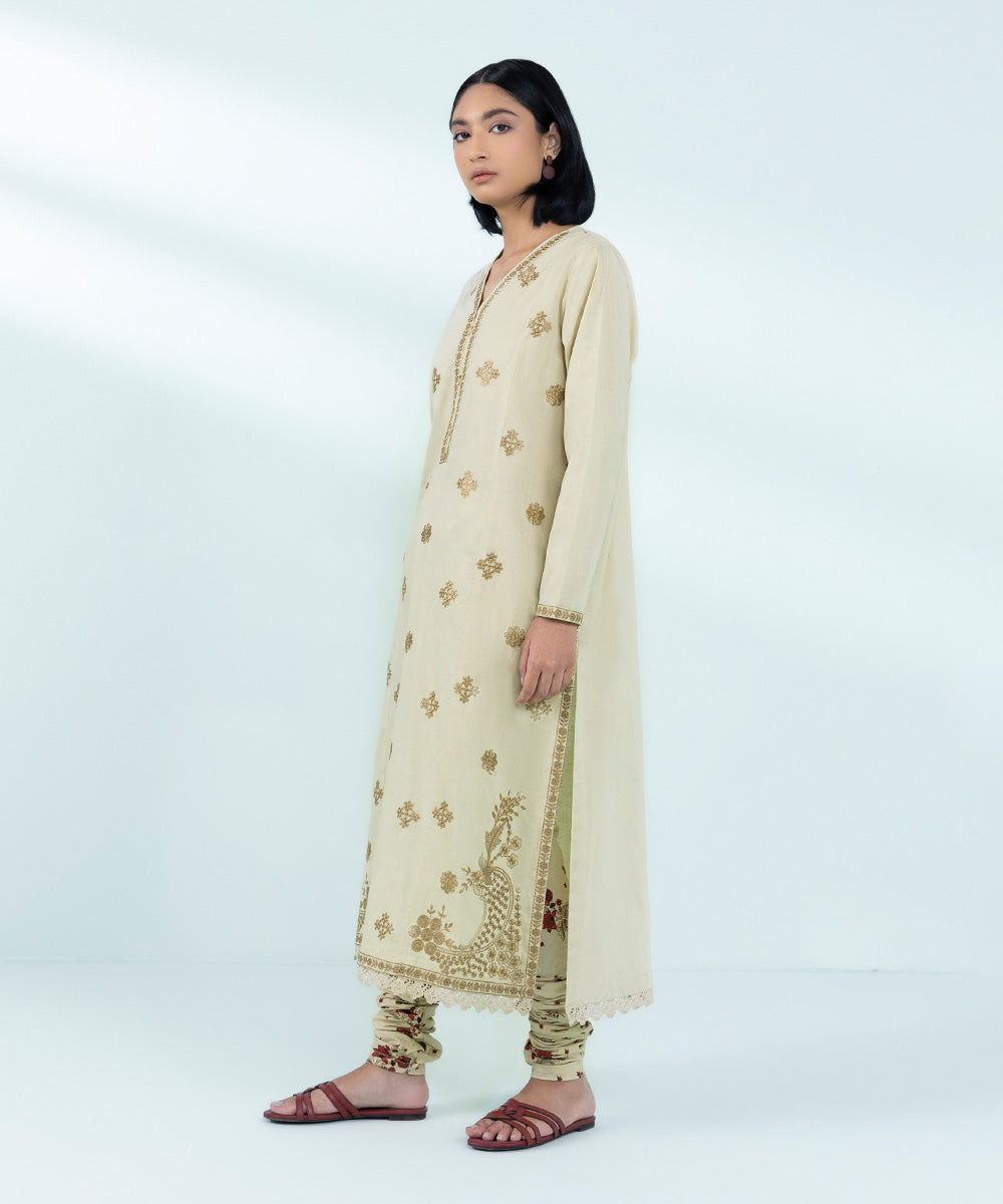 Women's Pret Cotton Jacquard Embroidered Beige A-Line Shirt