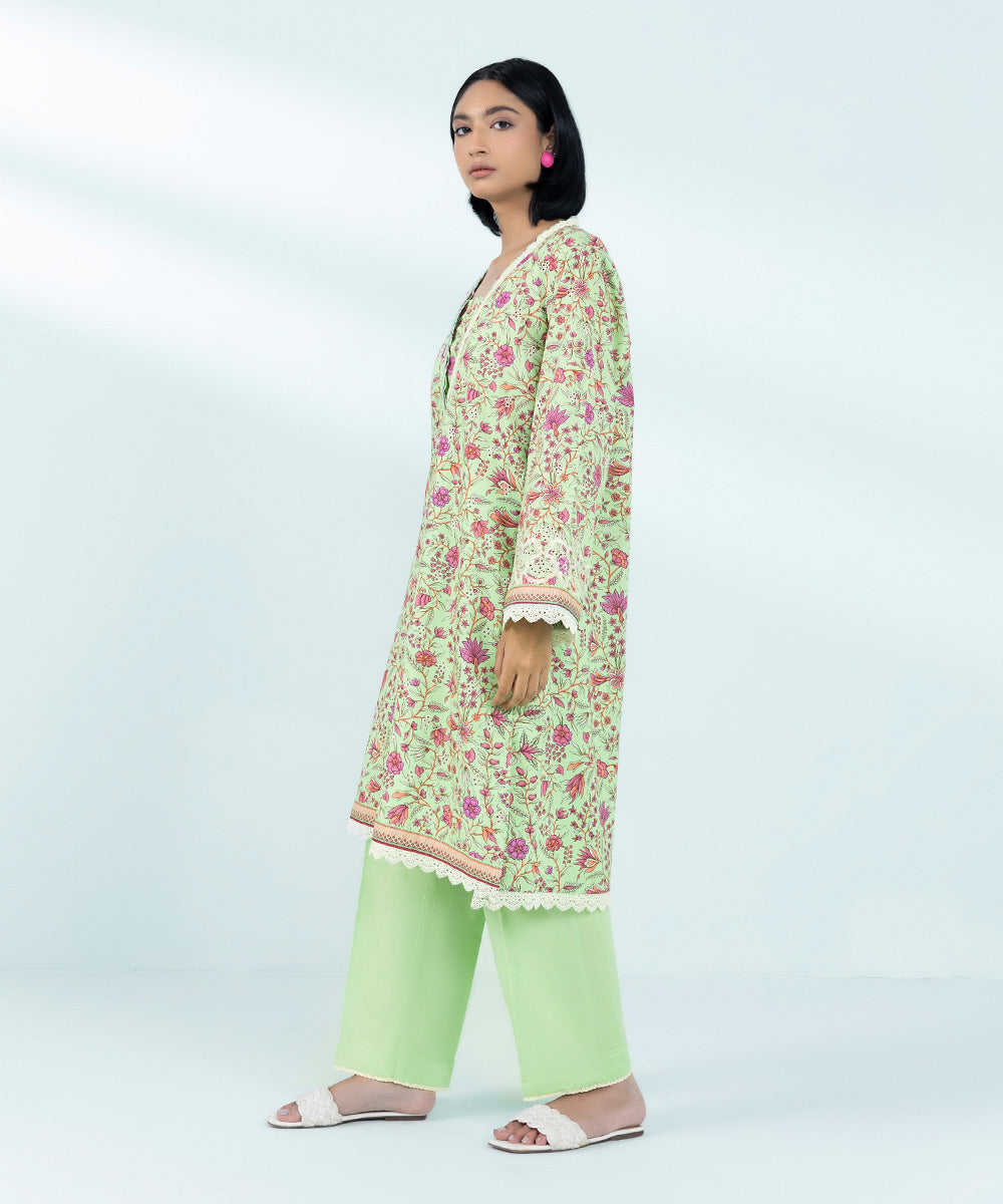 Women's Pret Cambric Embroidered Pistachio Green A-Line Shirt