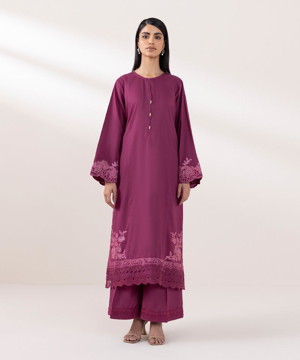 Women's Pret Dobby Embroidered Purple A-Line Shirt