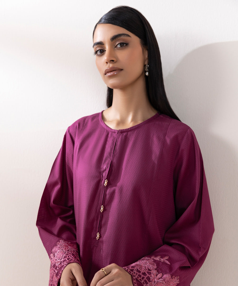 Women's Pret Dobby Embroidered Purple A-Line Shirt