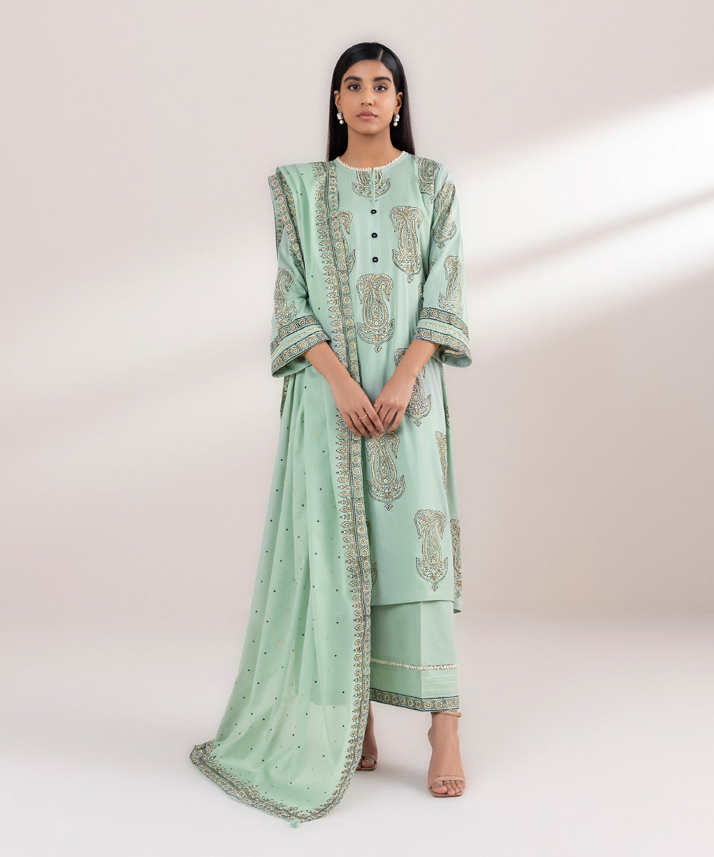 Fine Voile Green Block Printed Dupatta