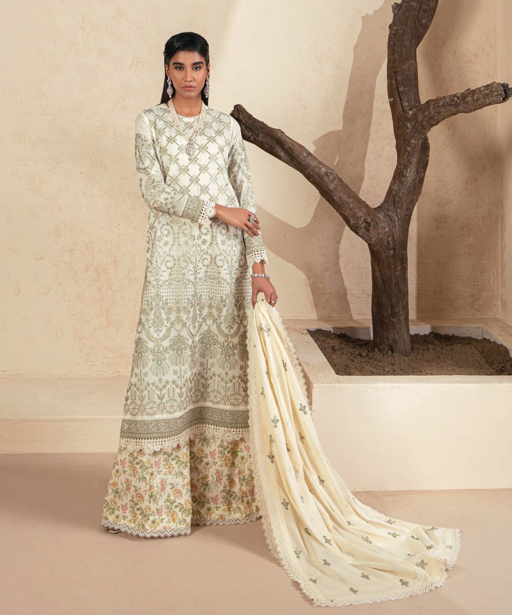 Fine Voile Off White Embroidered Dupatta