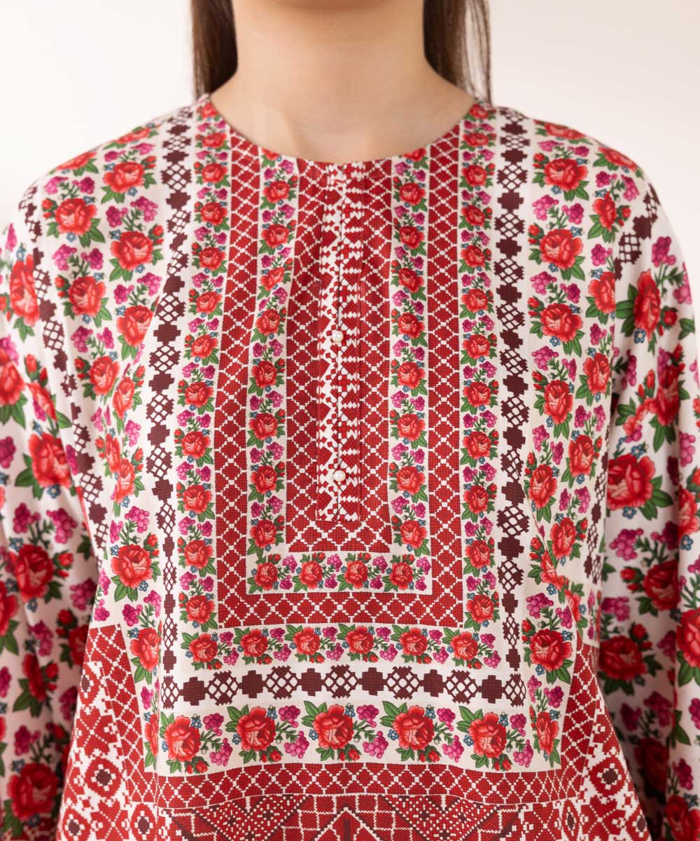 Women's Pret Cotton Viscose Red Printed Boxy Shirt