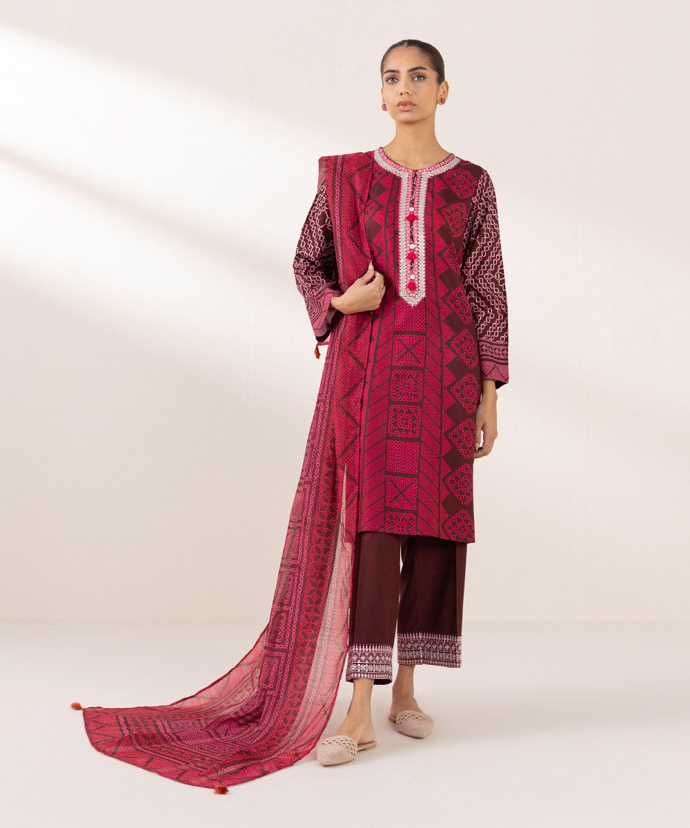 Women's Pret Dull Raw Silk Embroidered Red A-Line Shirt