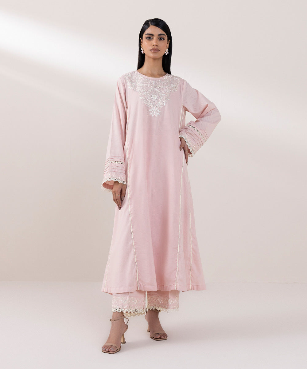 Women's Pret Dobby Embroidered Pink A-Line Shirt