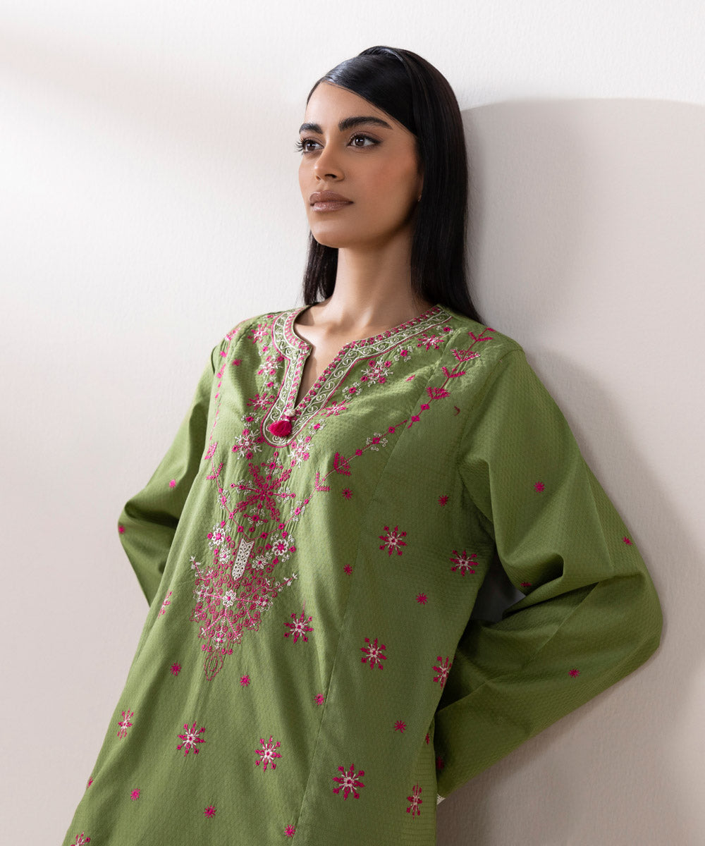 Women's Pret Dobby Embroidered Green A-Line Shirt