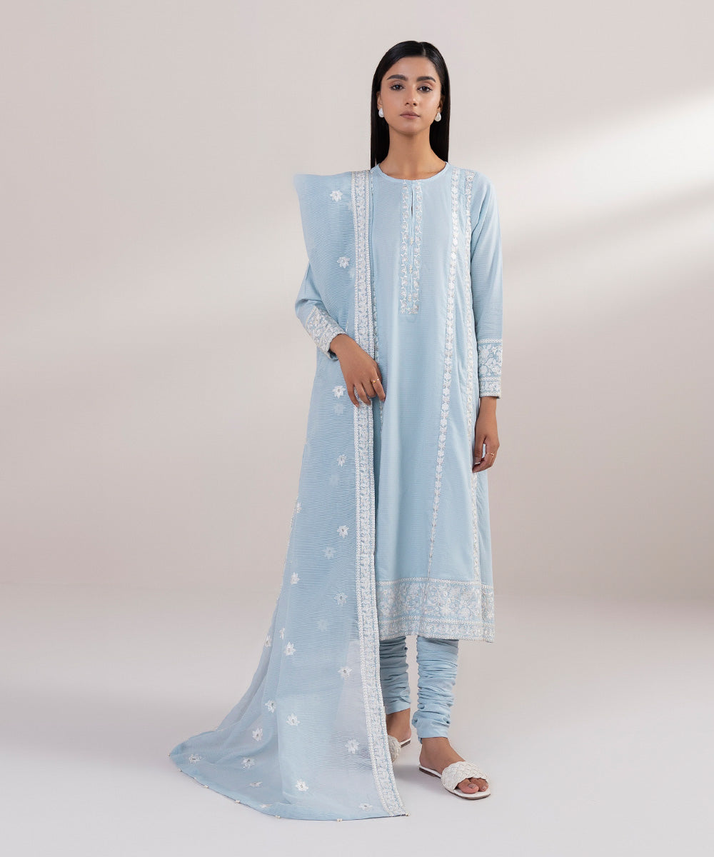 Blended Textured Karandi Blue Embroidered Dupatta