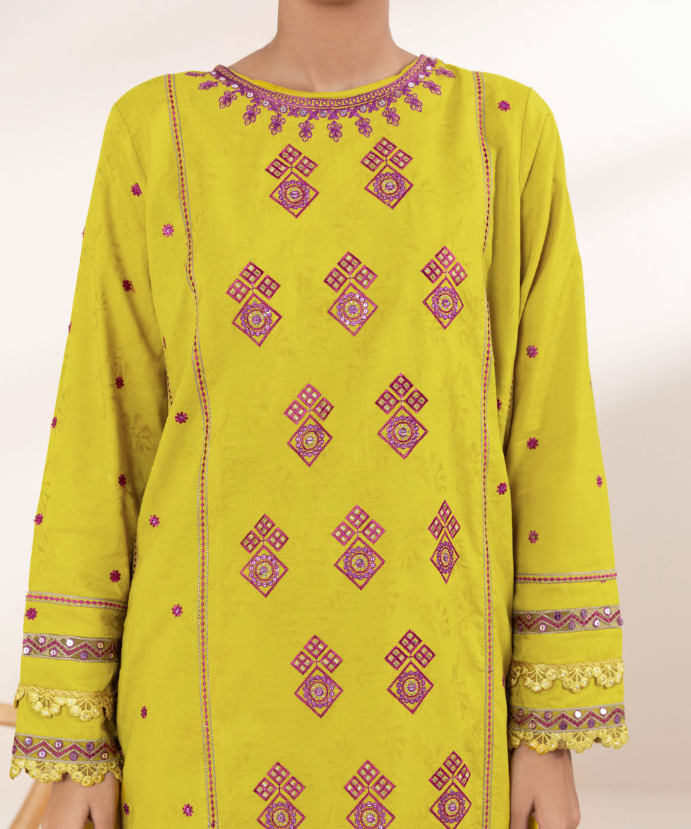 Women's Pret Cotton Jacquard Yellow Embroidered A-Line Shirt