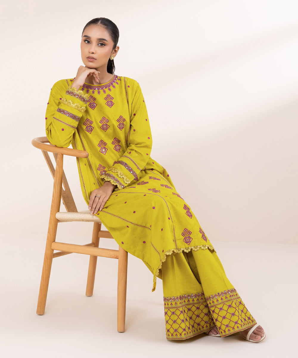 Women's Pret Cotton Jacquard Yellow Embroidered A-Line Shirt