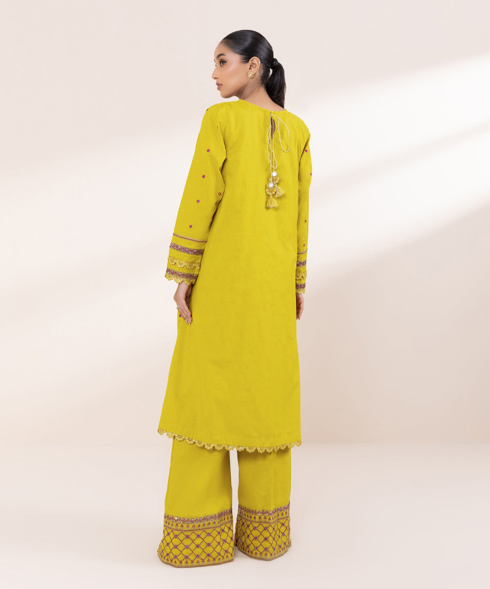 Women's Pret Cotton Jacquard Yellow Embroidered A-Line Shirt