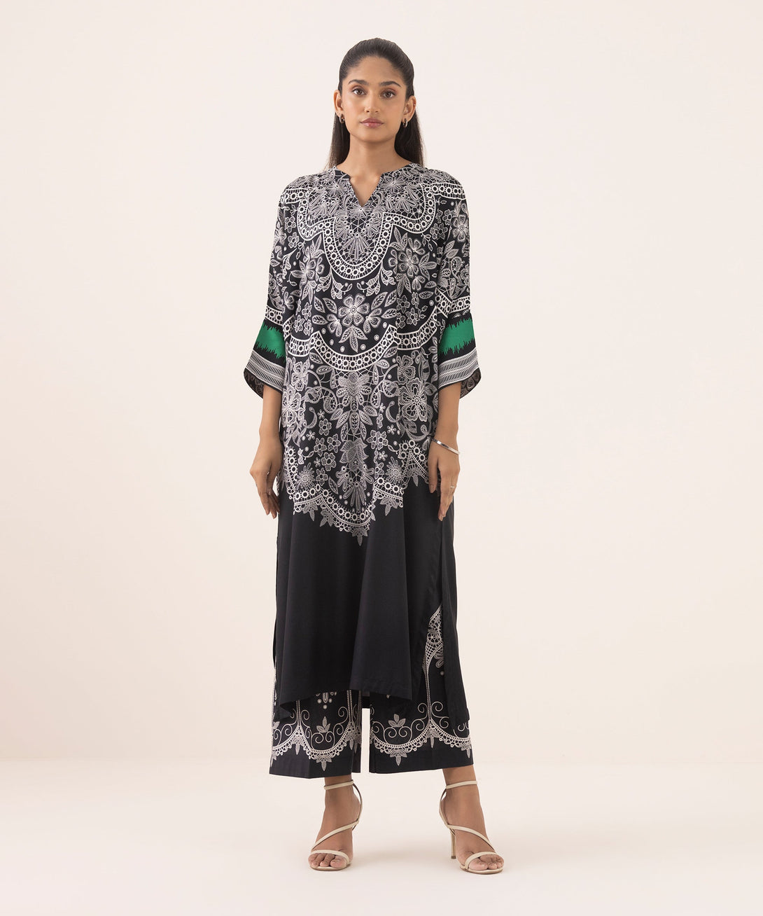 Women's RTW Arabic Lawn Black Printed Drop Shoulder Shirt
