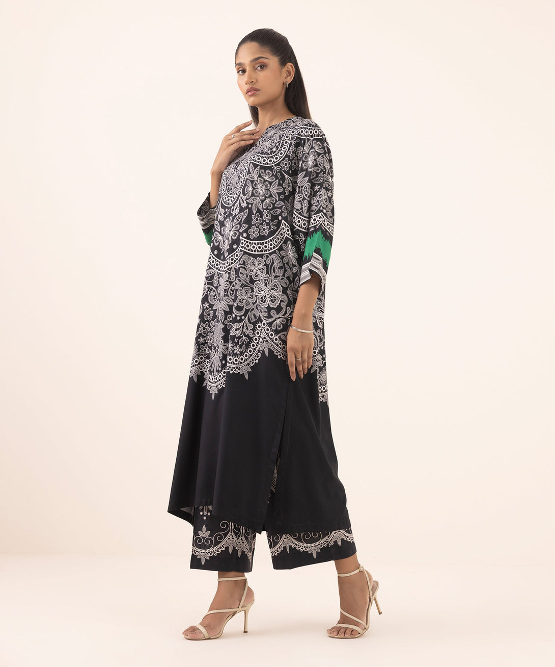 Women's RTW Arabic Lawn Black Printed Drop Shoulder Shirt