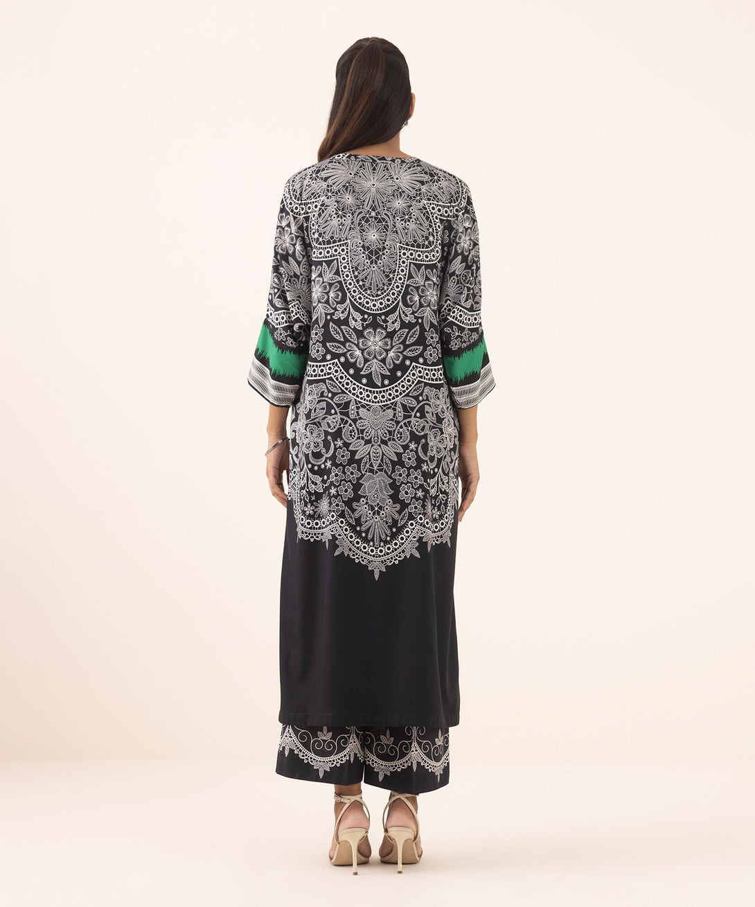 Women's RTW Arabic Lawn Black Printed Drop Shoulder Shirt